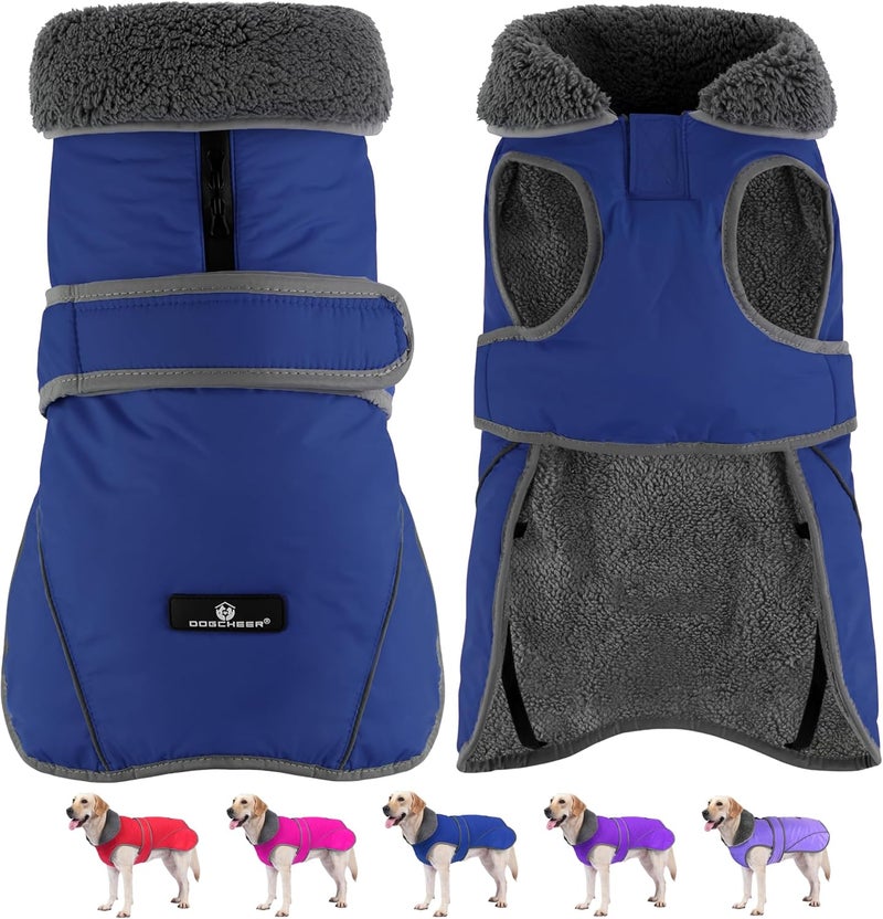 Dogcheer Dog Coat, Waterproof Dog Jacket Reflective Pet Winter Coat with Adjustable Hook & Loop, Christmas Puppy Fleece Jacket Warm Turtleneck Snowsuit for Small Medium Large Dogs - Blue, L - Image 1